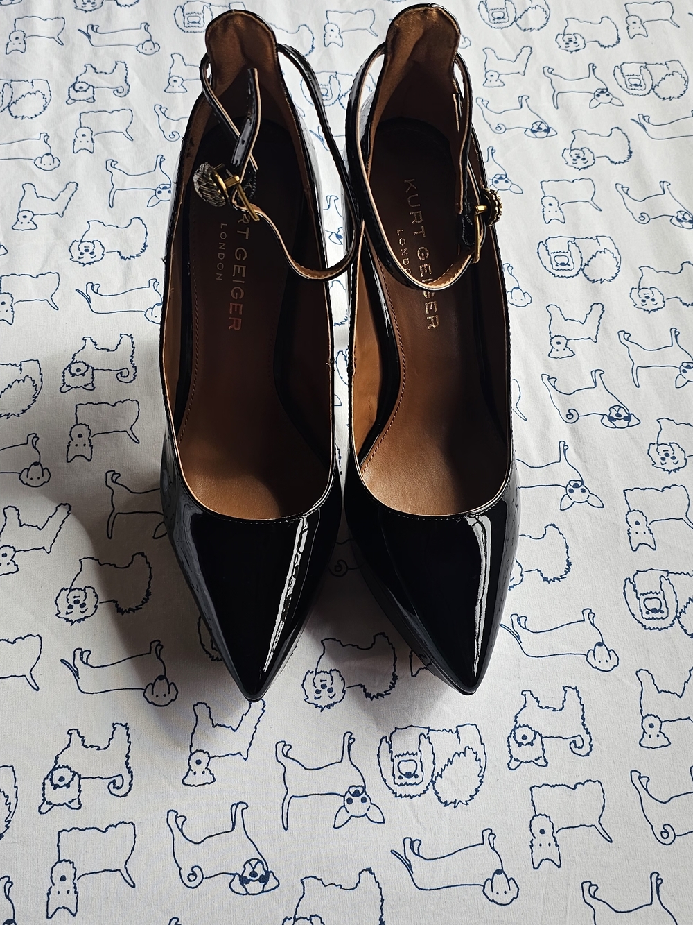 Kurt Geiger Black Patent Pointed-Toe Ankle-Strap Pumps with Gold Buckles